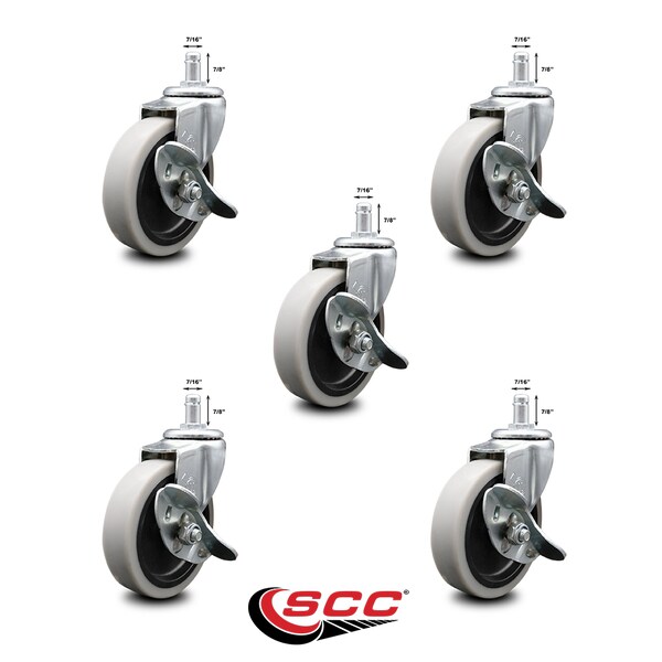 4 Inch Thermoplastic Wheel 7/8 Inch Grip Ring Stem Caster with Brakes, 5PK